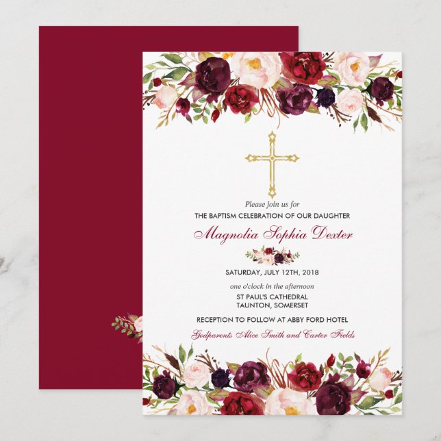 Baptême Invitation Aquarelle Florale Carte Baptême (Devant / Derrière)