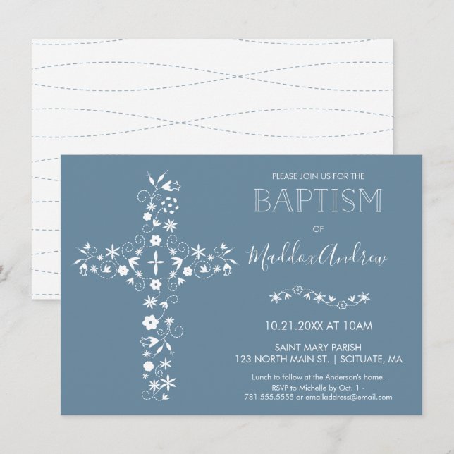 Baptême, Invitation Christening, Bleu Moderne (Devant / Derrière)
