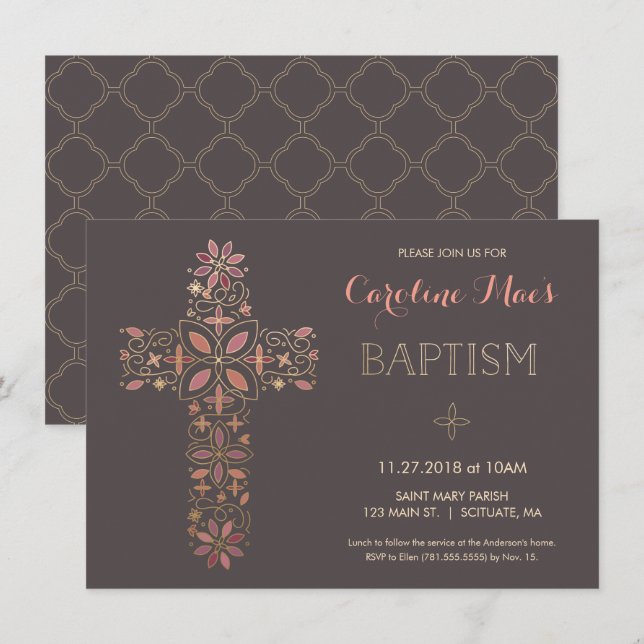 Baptême, invitation de baptême - or, croix rose (Devant / Derrière)