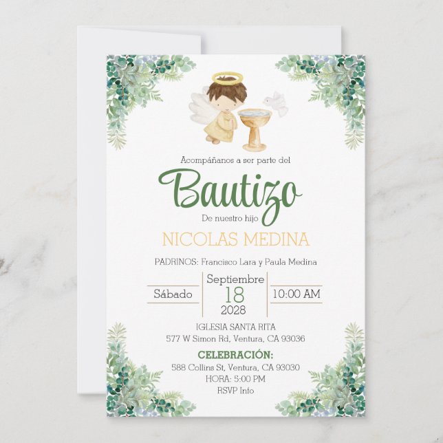Baptême Invitation Espagnol garçon verdure (Devant)