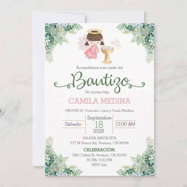 Baptême Invitation Espagnole Girl Green (Devant)