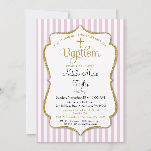 Baptême Invitation Filles Or Rose Élégant (Devant)