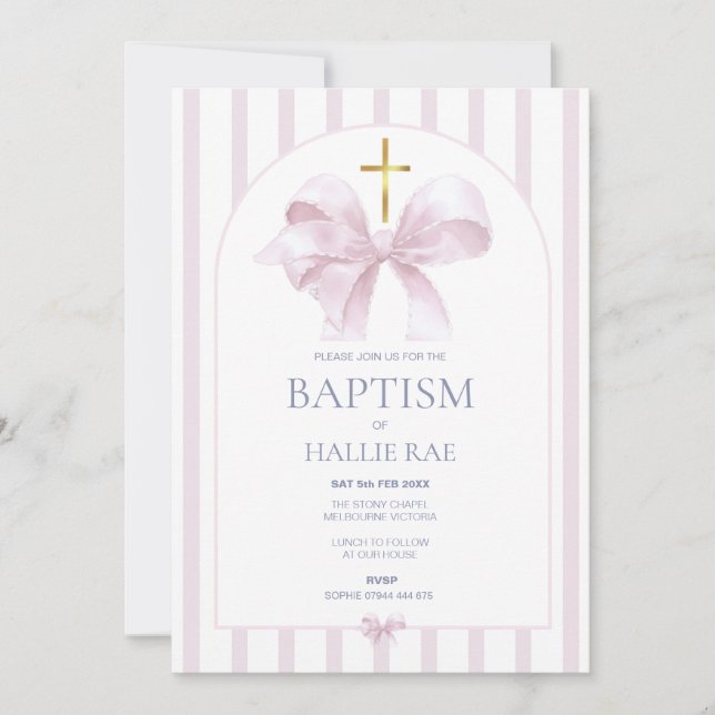 Baptême Invitation Girl, Moderne Bow Rose & Stripe (Devant)
