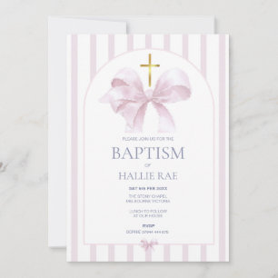 Baptême Invitation Girl, Moderne Bow Rose & Stripe