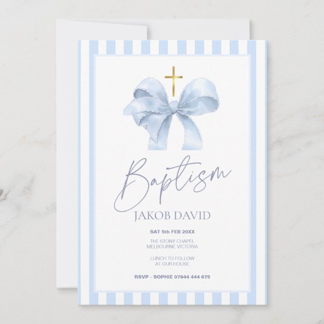 Baptême Invitation pour Garçon, Bleu Bow & Striped (Devant)