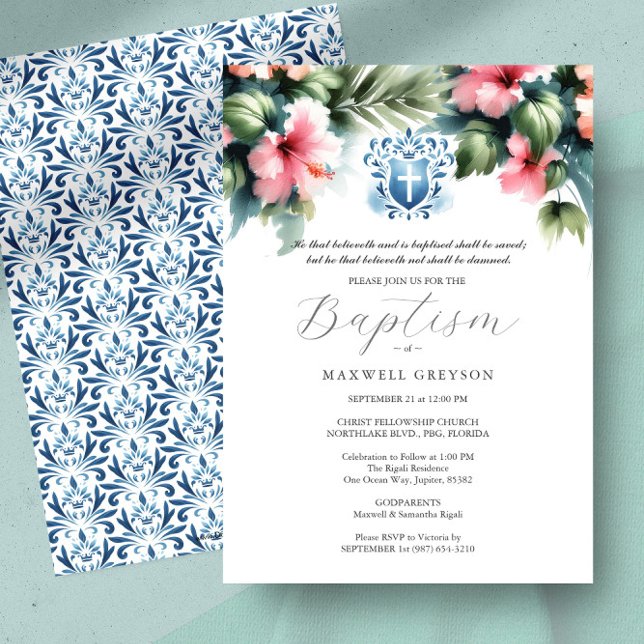 Baptême Invitations Religieux Bleu et Rose (Baptism invitations with godparents names pink hibiscus flowers by Victoria Grigaliunas)