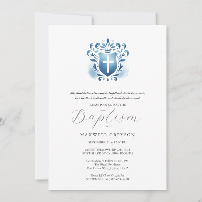 Baptême Invitations Religieux Dusty Blue Crest (Devant)