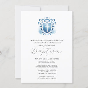 Baptême Invitations Religieux Dusty Blue Crest