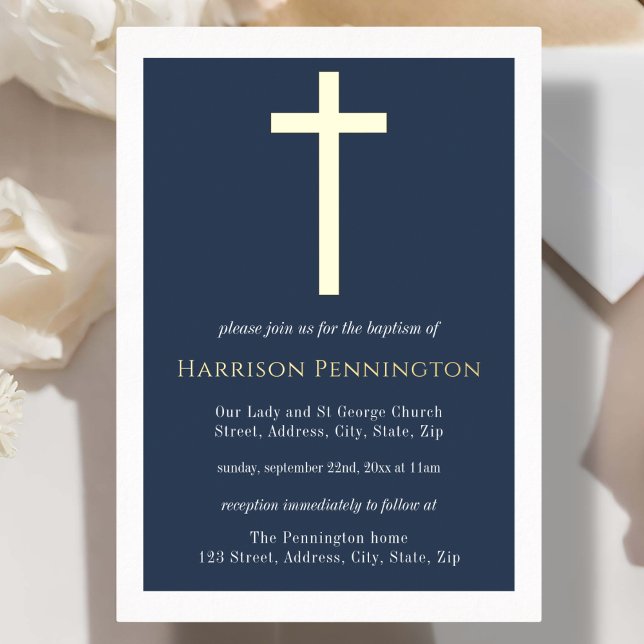 Baptême Marine & Gold Cross Foil Invitation (Créateur téléchargé)
