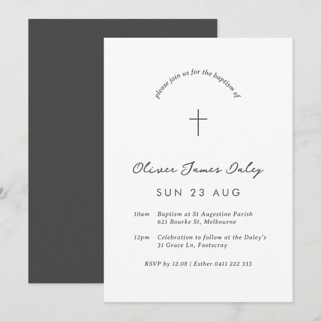 Baptême minimal blanc Christening Cross Invitation (Devant / Derrière)