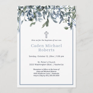 Baptême Moderne Vert Fleurs Bleues Invitation