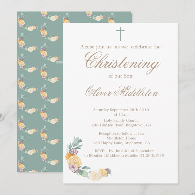 Baptême ou baptême Floral Green Invitation (Devant / Derrière)