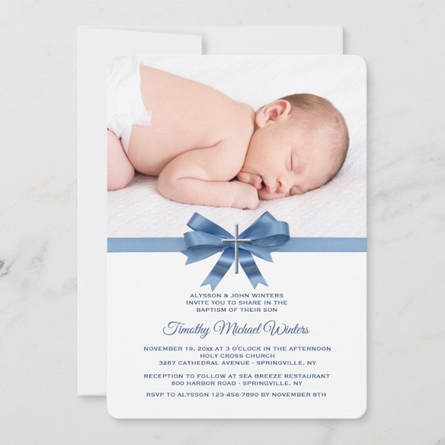 Baptême photo de Blue Ribbon Invitation Baptism (Devant)
