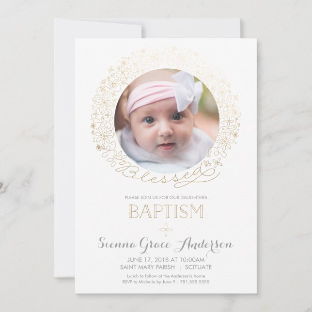 Baptême Photo Invitation avec or - Baby Girl, Garç (Devant)
