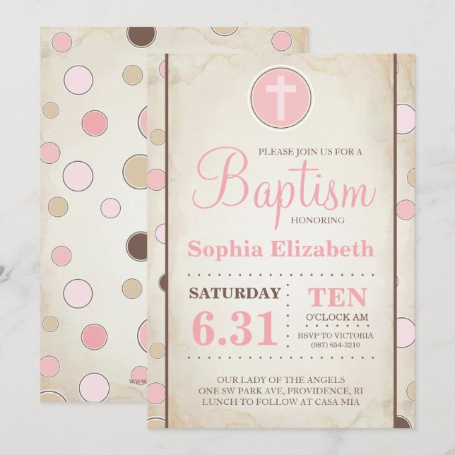 Baptême Pink Polka Invitation - Baby Girl (Devant / Derrière)