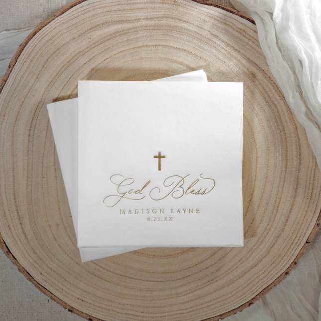Baptême Première communion Gold Dieu béni Croix (Cross baby baptism napkins - foil stamped and personalized)