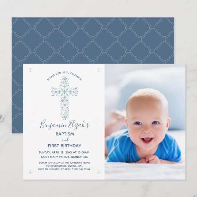 Baptême Première Invitation d'anniversaire, photo  (Devant / Derrière)