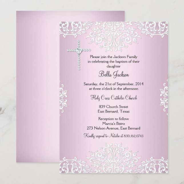 Baptême rose blanc Damas / Invitation de baptême (Devant / Derrière)