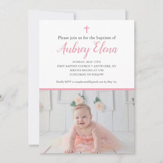 Baptême rose et blanc invitation avec photos (Devant)