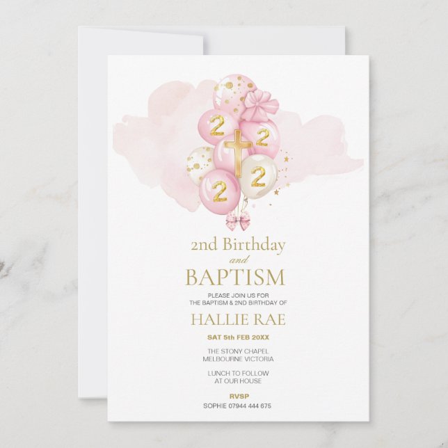 Baptême rose et or et 2ème invitation anniversaire (Devant)
