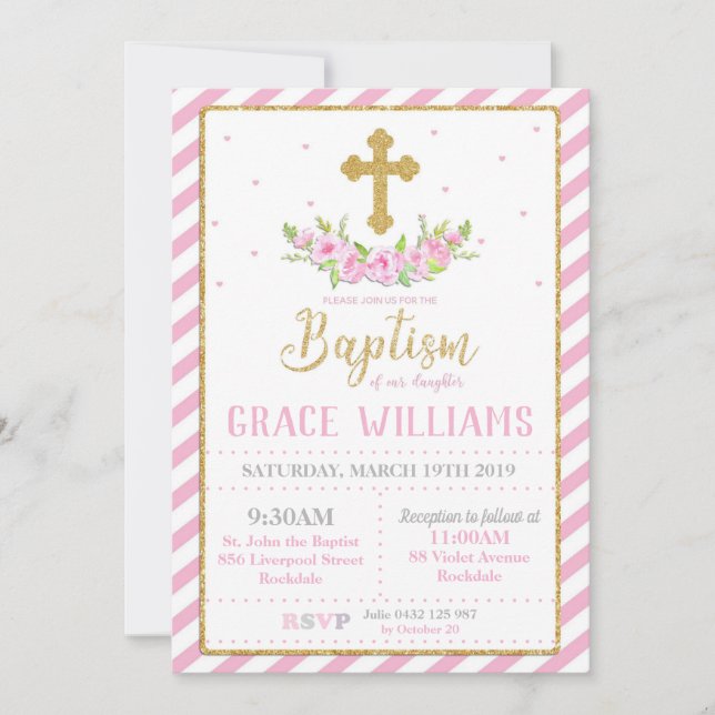 Baptême rose et or Floral Invitations Girl (Devant)