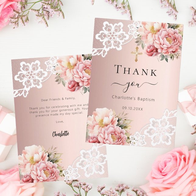 Baptême rose or carte de remerciements de dentelle (Créateur téléchargé)