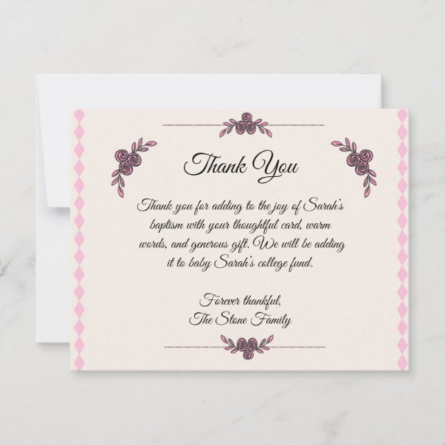 Baptême rose pour la petite fille Carte de remerci (Devant)