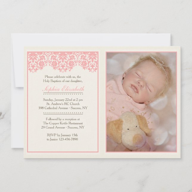 Baptême rose vif Invitation photo (Devant)