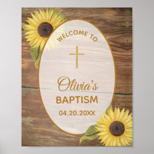 Baptême rustique Fleurs de soleil Bois Affiche de