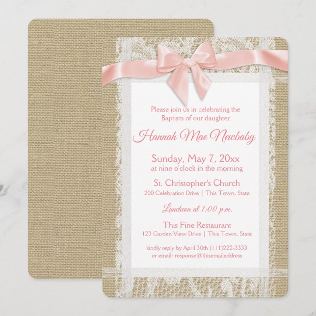 Baptême rustique Invitation Burlap et dentelle (Devant / Derrière)