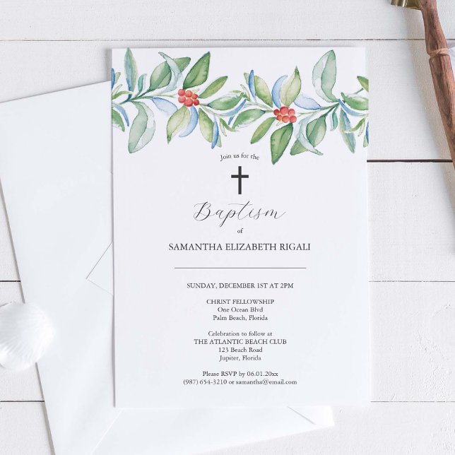 Baptême unique Invitations Noël Verdure (Winter baptism invitations online feature unique watercolor art by Victoria Grigaliunas)