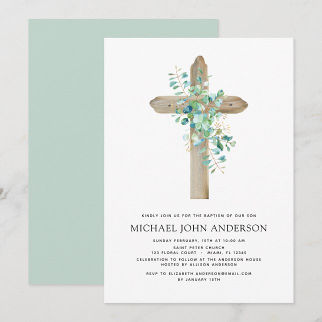 Baptême Verdure Sage Eucalyptus Invitation (Devant / Derrière)