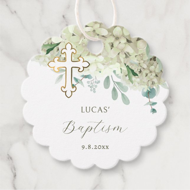 Baptêmes blanc Hydrangée Favoriser les étiquettes (Devant)