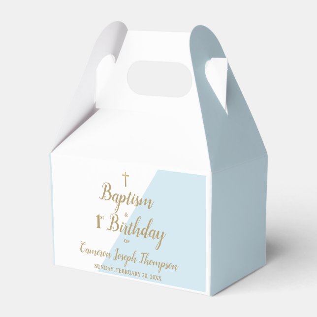 Baptism 1st birthday baby boy blue gold thank you favor box (Front Side)