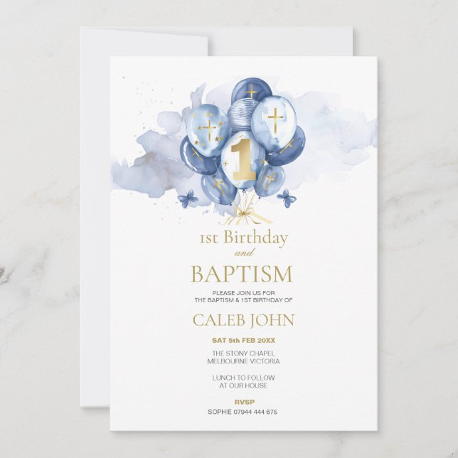 Baptism and 1st Birthday Navy Balloon Invitation (Front)