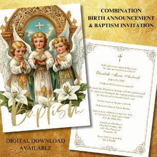 Baptism and Birth Announcement Angels Lilies Gold 