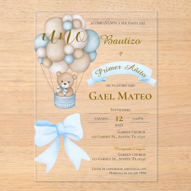 baptism and first birthday Acrylic with balloons a Invitations (Front)