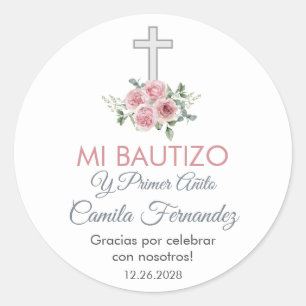 Baptism and First Birthday  Favors Pink Roses Classic Round Sticker