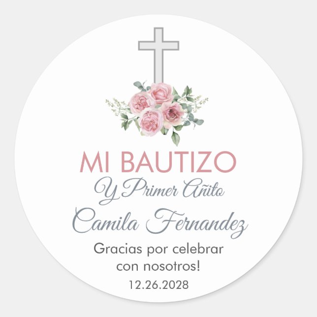 Baptism and First Birthday  Favours Pink Roses Classic Round Sticker (Front)