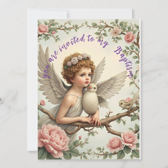 Baptism angel invitation flat card (Front)