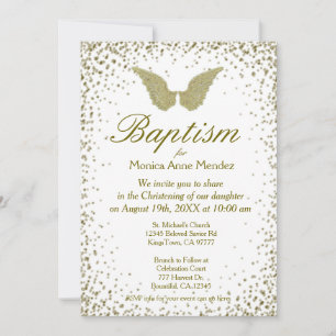 Baptism   Angel Wings & Gold Confetti Invitation