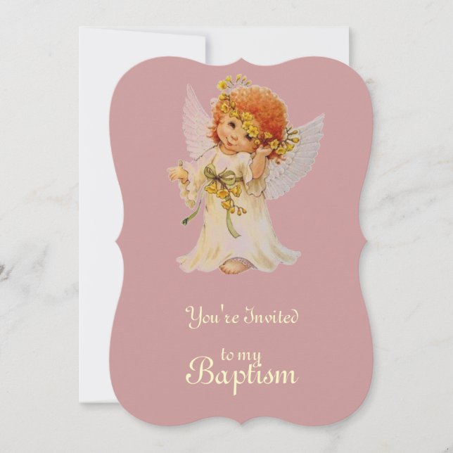 Baptism Angel with wings and floral crown   Invitation (Front)