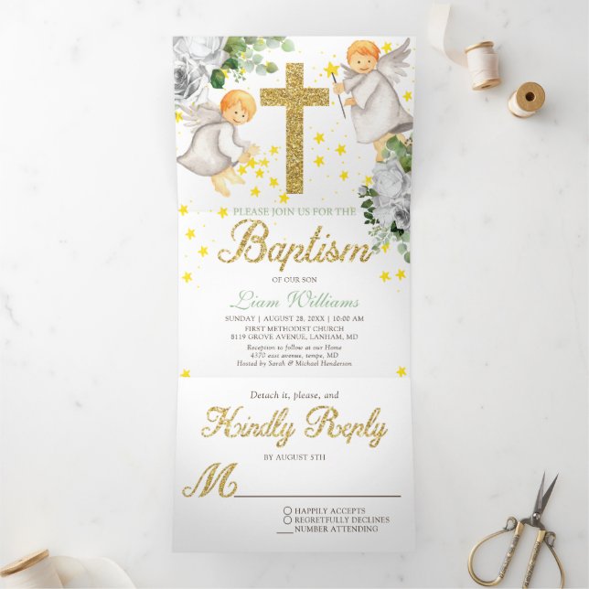 Baptism Angels Gender Neutral Tri-Fold Invitation (Inside)