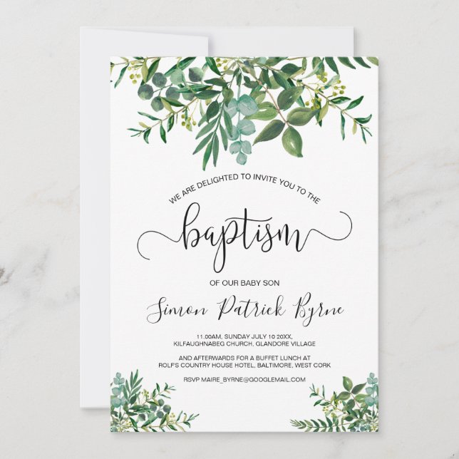 Baptism Announcement Greenery Gender Neutral (Front)