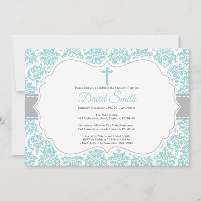 Baptism Aqua Teal Turquoise and Grey Damask Invitation (Front)