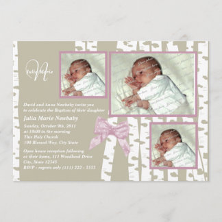 Baptism Baby Birch Photo Pink Invitation