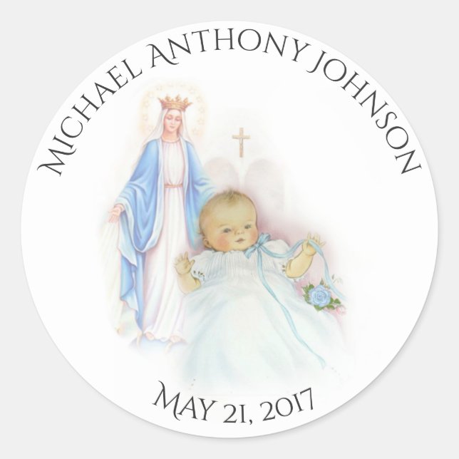 Baptism Baby Boy Blue Flowers Mary Classic Round Sticker (Front)