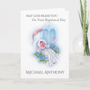 Baptism Baby Boy Blue Roses Cross Catholic Card