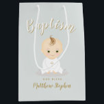 Baptism Baby Boy Medium Gift Bag<br><div class="desc">Baptism Baby Boy 
This beautiful and sweet baby is perfect for your child’s Baptism. The design consists of a sweet baby wearing a white jumpsuit,  white bib with a gold cross.  The background colour is a delicate powder blue. Check out the matching accessories,  gifts,  party favours and stationery.</div>