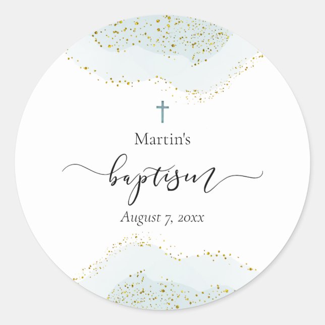 Baptism baby boy pastel blue decor classic round sticker (Front)